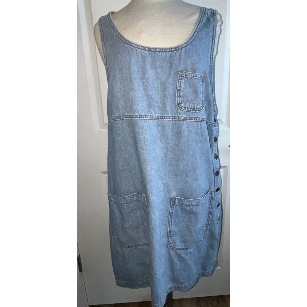 Vtg Denim Blue Jean Jumper Dress 42" Big Pockets Metal Button Country Comfort